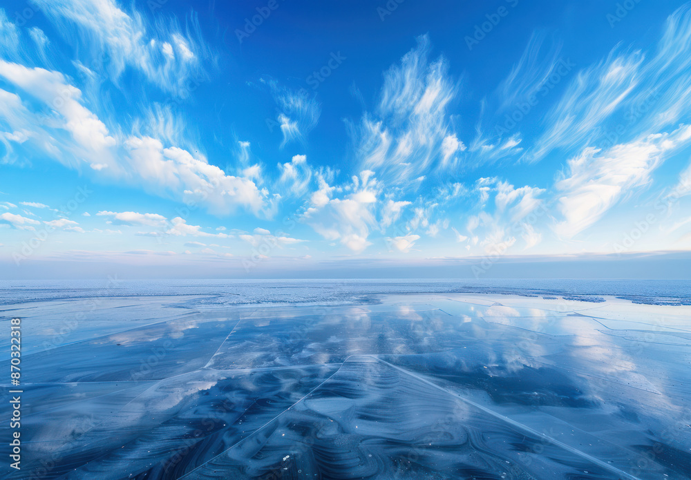Fototapeta premium A panoramic view of Lake in winter, featuring a clear blue sky with white clouds reflecting on the frozen surface