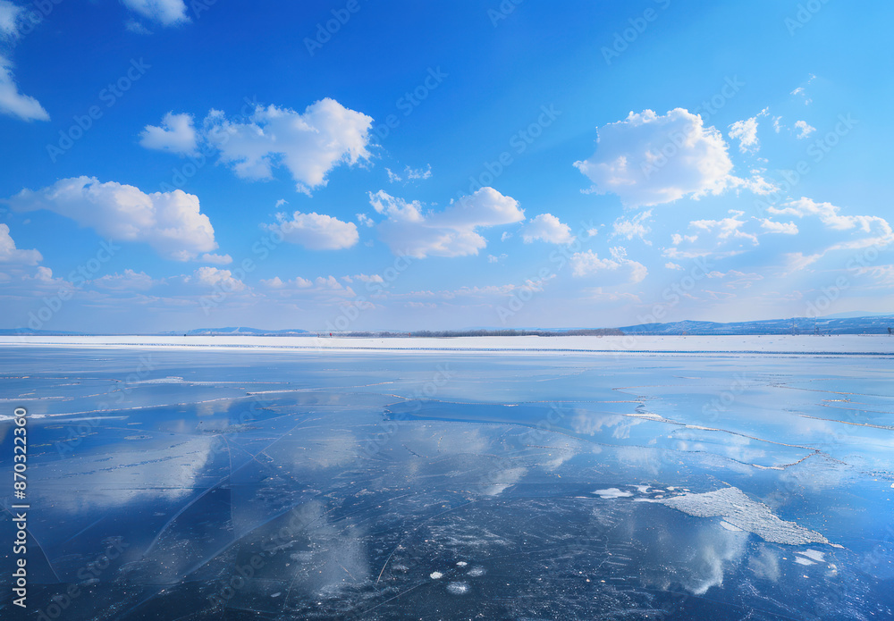 A scenic view of a frozen lake reflecting the blue sky and white clouds above A scenic view of a frozen lake reflecting the blue sky and white clouds above