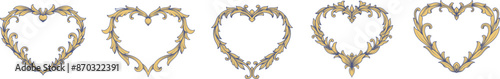 Set of engraving Golden Heart shaped frame ornaments, filigree, arabesque, art deco, damask, baroque, swirl, floral. Nubes engraved frame flourish element.