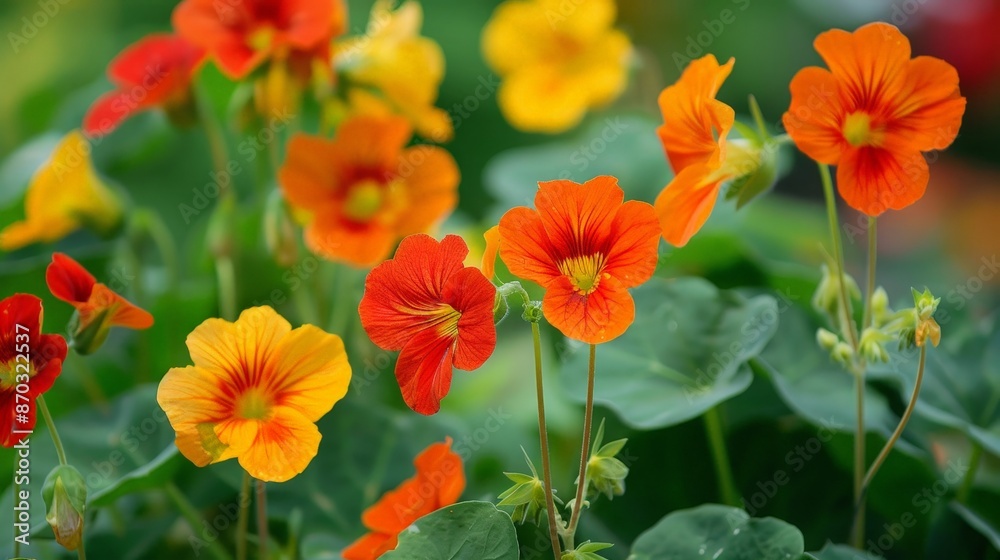 The vivid orange and red petals of nasturtiums bring a pop of color to the garden, their peppery taste adding zest to salads. The vivid orange and red petals of nasturtiums bring a pop of color to the garden, their peppery taste adding zest to salads.