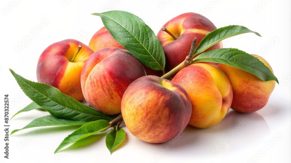 A Beautiful Arrangement Of Ripe Peaches With Green Leaves, Isolated On A White Background. A Beautiful Arrangement Of Ripe Peaches With Green Leaves, Isolated On A White Background.