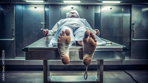 Lifeless body on cold metal autopsy table, toe tagged with identity label, sterile morgue atmosphere, harsh lighting, eerie silence surrounds.