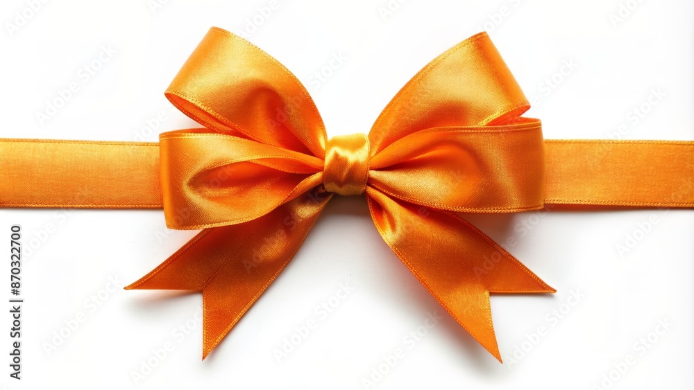 Fototapeta premium Orange Bow..This Image Shows An Orange Bow On A White Background. The Bow Is Made Of A Shiny Satin Ribbon And Has A Long Tail.