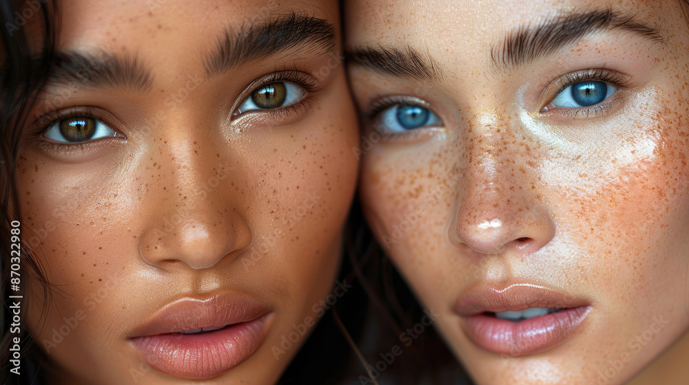 close-up of the faces of two young female models close to each other looking forward with perfect natural makeup, eyebrows , and light close-up of the faces of two young female models close to each other looking forward with perfect natural makeup, eyebrows , and light