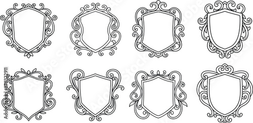 Set of shield emblem, frame with swirl, filigree, baroque ornament. Outline Vintage ornament logo monogram, medieval, heraldry, arabesque crest templates design  vector illustration