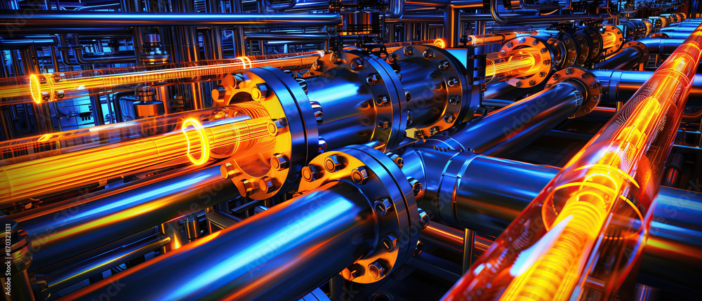 A close-up view of glowing pipes in a futuristic industrial setting, showcasing intricate details of the piping system and highlighting the vibrant energy flowing through them A close-up view of glowing pipes in a futuristic industrial setting, showcasing intricate details of the piping system and highlighting the vibrant energy flowing through them