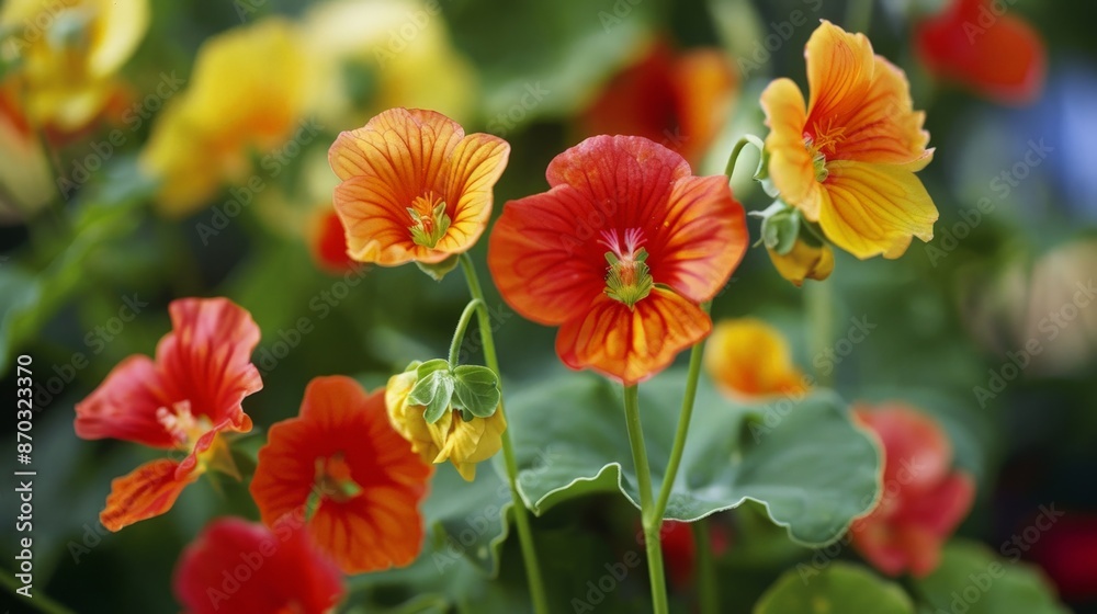 The vivid orange and red petals of nasturtiums bring a pop of color to the garden, their peppery taste adding zest to salads. The vivid orange and red petals of nasturtiums bring a pop of color to the garden, their peppery taste adding zest to salads.