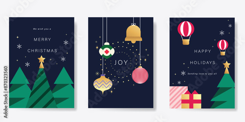 Set of Merry christmas background cover vector. Elements of christmas tree, snowflake, balloon, presents, hanging ball on navy blue background. Design for flyer, greeting card, poster, advertising.