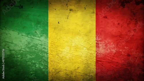 Distressed, worn, and frayed Mali flag illustration with African country's green, yellow, and red colors, featuring a vintage, grungy, and textured patriotic design element.