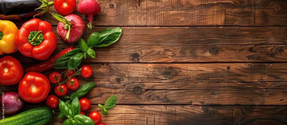 Organic concept portrayed with fresh vegetables displayed on a wooden table with copy space image. Organic concept portrayed with fresh vegetables displayed on a wooden table with copy space image.