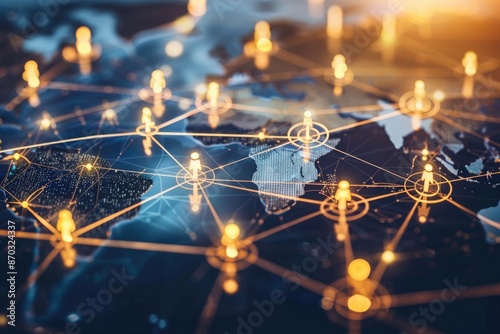 Global business technology management network connecting people for teamwork and analysis.