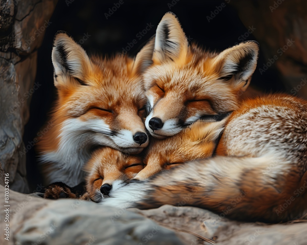 Naklejka premium Cozy Fox Family Snuggling in Their Woodland Den During Hibernation