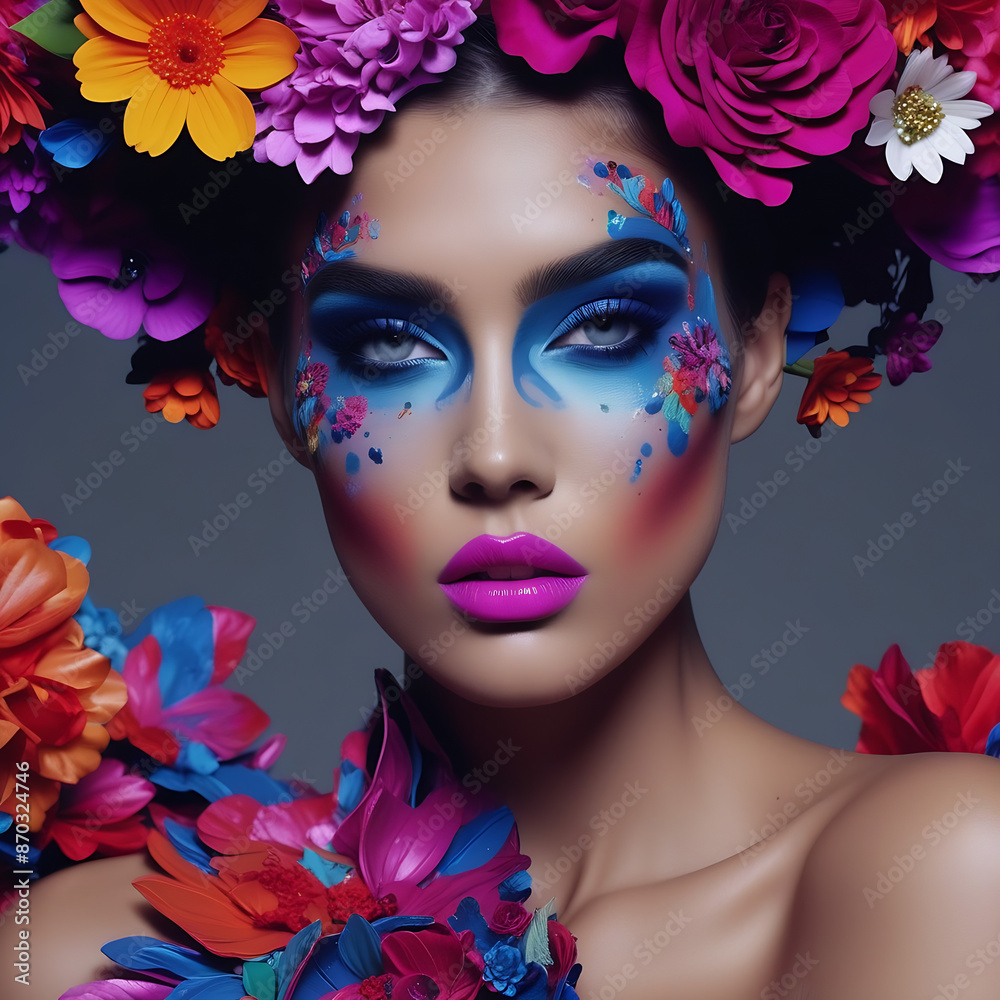 Haute couture or high fashion design in vivid colorful makeup on woman model on isolated background. Contemporary abstract art design of beautiful dress in flower style. Haute couture or high fashion design in vivid colorful makeup on woman model on isolated background. Contemporary abstract art design of beautiful dress in flower style.