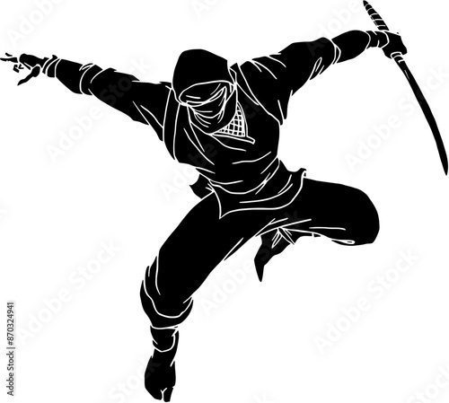 Ninjutsu fighter. Ninja, Japanese wrestler. Japan martial art. Asian warrior in mask, wrestling pose, stance, defending position, posture. vector illustration isolated on white background