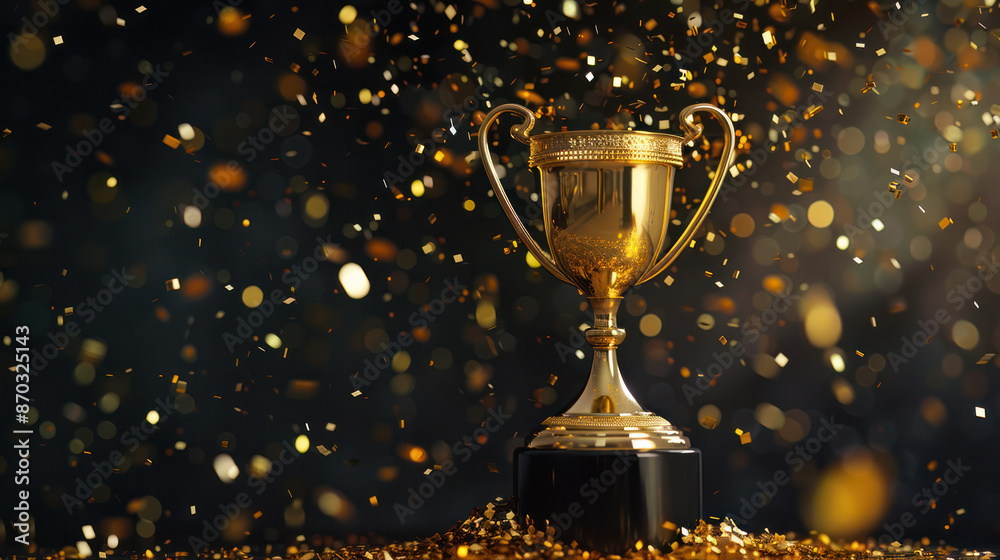 A close-up of a golden trophy with confetti falling around it on a dark background A close-up of a golden trophy with confetti falling around it on a dark background