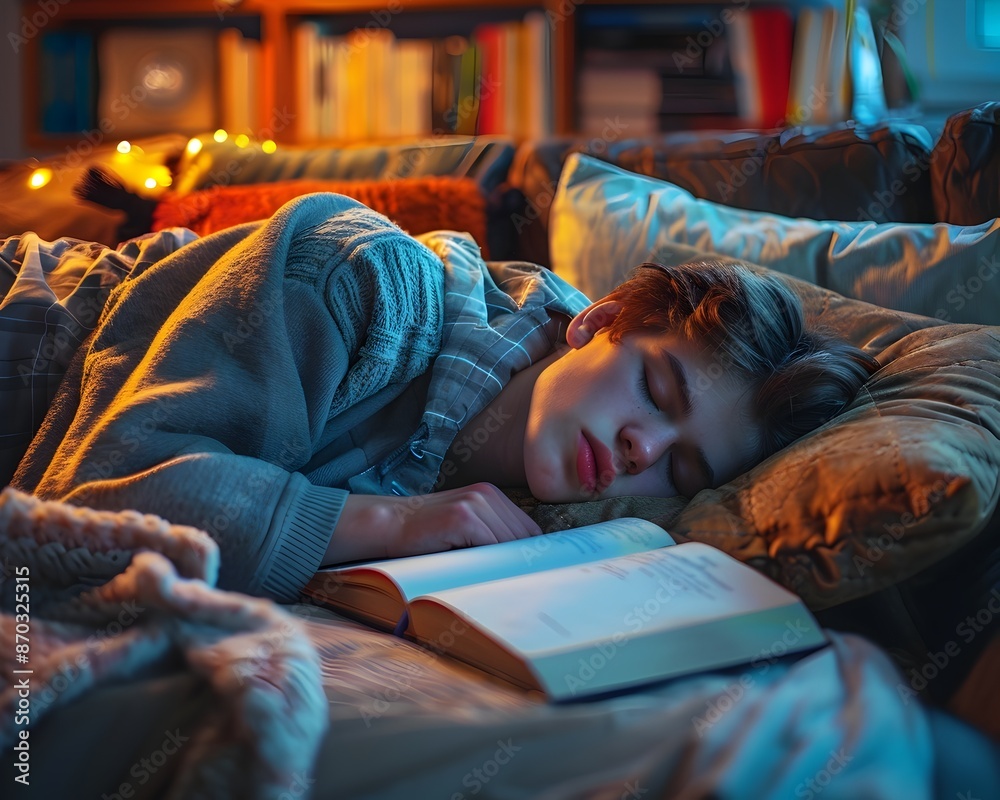 Obraz premium Teenage Student Falling Asleep On Couch After Late Night Studying