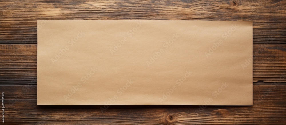 View from above of plain brown paper on a wooden surface with available copy space for adding text or images in a flat lay composition. View from above of plain brown paper on a wooden surface with available copy space for adding text or images in a flat lay composition.