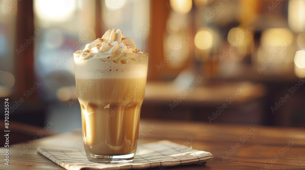 A glass of iced coffee topped with whipped cream sits on a wooden table in a cafe A glass of iced coffee topped with whipped cream sits on a wooden table in a cafe