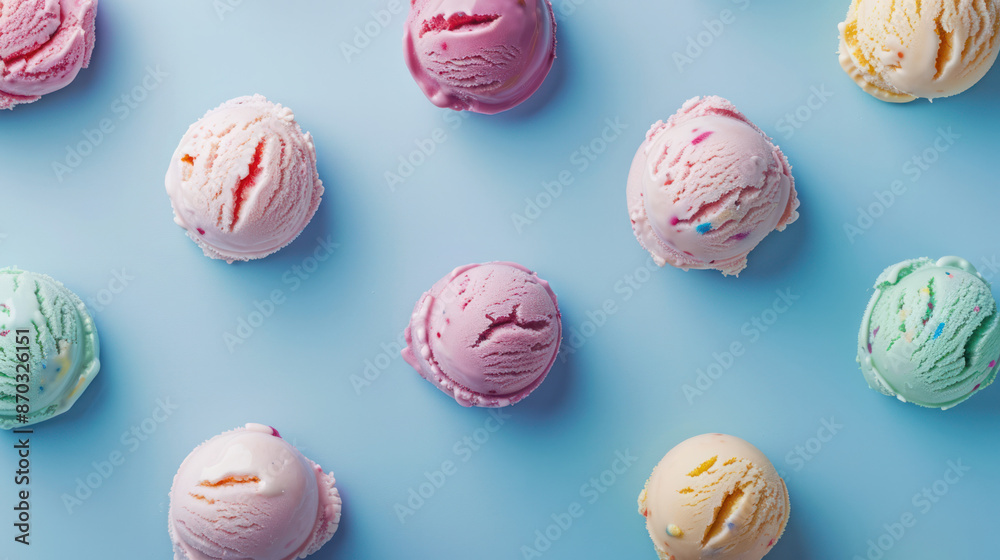 A top-down view of colorful ice cream scoops arranged on a light blue background A top-down view of colorful ice cream scoops arranged on a light blue background