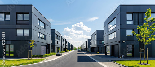 Opaque resin panels and dark gray celtic knotwork highlight the road and buildings in the industrial complex of village teas. Modern design with flatness of space and intricate details. photo