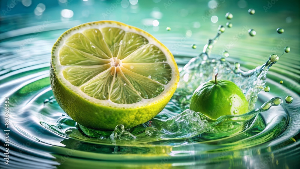 Vibrant green lime wheel and lemon slice float effortlessly on rippling water surface, surrounded by refreshing splashes and citrusy aroma. Vibrant green lime wheel and lemon slice float effortlessly on rippling water surface, surrounded by refreshing splashes and citrusy aroma.