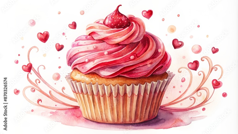 A Watercolor Painting Of A Cupcake With Pink Frosting And A Strawberry On Top. The Cupcake Is Surrounded By Hearts And Flourishes. A Watercolor Painting Of A Cupcake With Pink Frosting And A Strawberry On Top. The Cupcake Is Surrounded By Hearts And Flourishes.