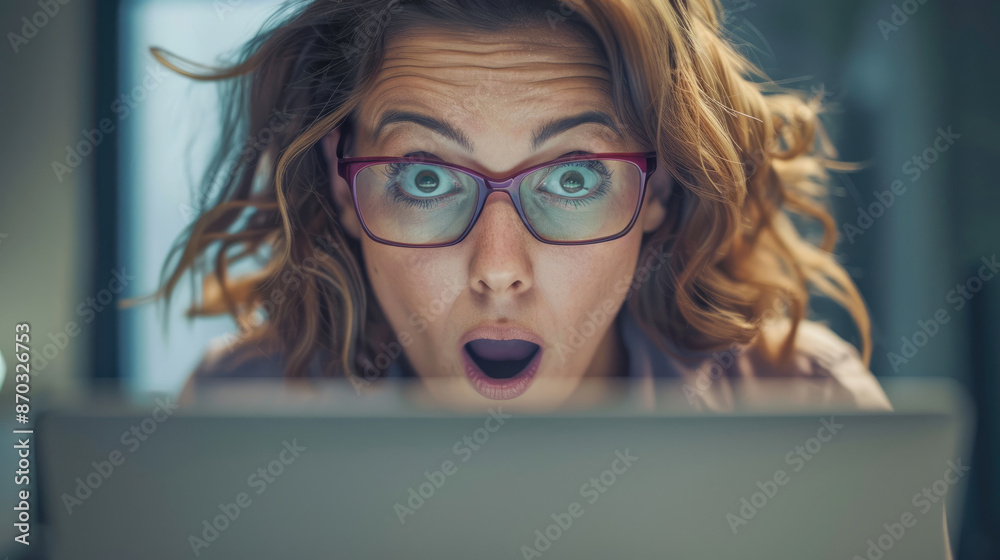 young professional business blonde woman with surprised shock facial expression while looking at on front laptop computer screen display and office background young professional business blonde woman with surprised shock facial expression while looking at on front laptop computer screen display and office background