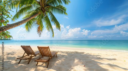 Beautiful summer beach landscape with beach chairs on the sand at the sea and cloudy summer sky.