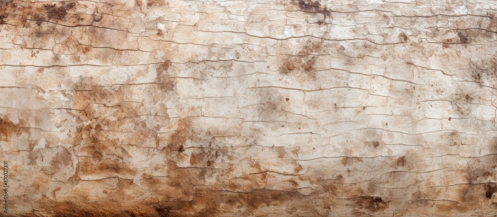 Obraz premium Horizontal photo of a tree bark texture with relief wooden pattern, old tree skin showing brown bark with white fungal mold spots, and available empty copy space image.
