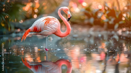 A graceful flamingo bird standing in shallow water, reflecting its pink feathers in the clear surface