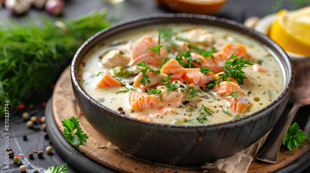 Close-up of creamy salmon and chicken soup with dill on wooden board. Soup in dark bowl, white background, black peppercorns around Close-up of creamy salmon and chicken soup with dill on wooden board. Soup in dark bowl, white background, black peppercorns around