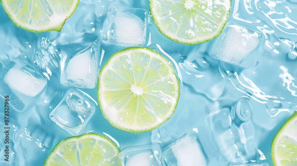 A close-up view of lime slices floating in a cool blue water bath with ice cubes. The image evokes a refreshing and summery atmosphere A close-up view of lime slices floating in a cool blue water bath with ice cubes. The image evokes a refreshing and summery atmosphere