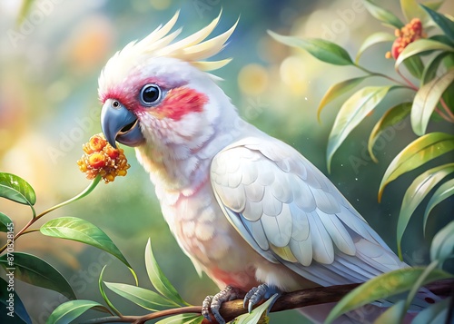 A vibrant little corella parrot with striking white and pink plumage eats seeds on a bush, showcasing its unique bare eyes and playful demeanor. photo