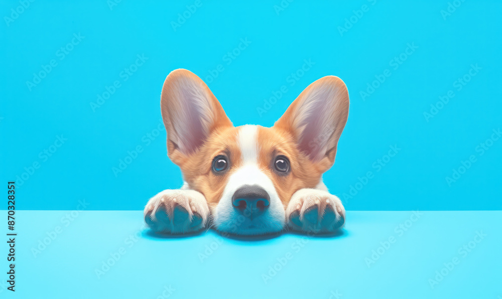 A cute, small corgi puppy rests its paws on a bright blue surface, looking up with its big brown eyes A cute, small corgi puppy rests its paws on a bright blue surface, looking up with its big brown eyes