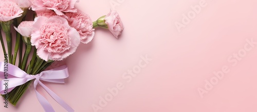 Wallpaper Mural Top view of a bouquet of carnations and a gift box on a pink background for Mother's Day, weddings, and Valentine's Day, with space for adding your own image. with copy space image Torontodigital.ca