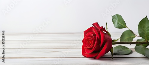 Red rose displayed on a whi...