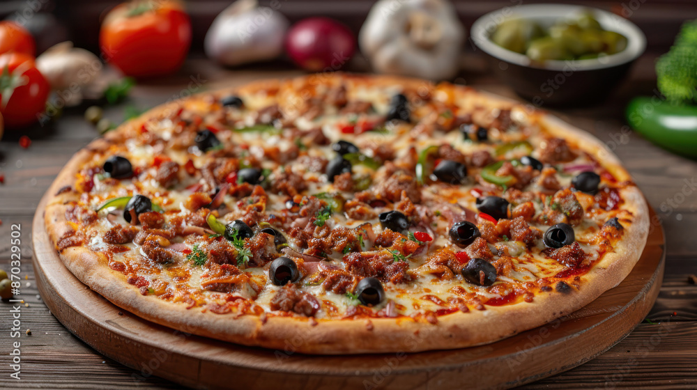 A close-up shot of a freshly baked meat lovers pizza with black olives and green peppers on a wooden cutting board. The pizza is topped with melted cheese and a tangy tomato sauce A close-up shot of a freshly baked meat lovers pizza with black olives and green peppers on a wooden cutting board. The pizza is topped with melted cheese and a tangy tomato sauce