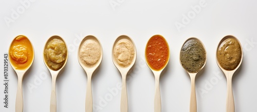 Various sauces displayed on...