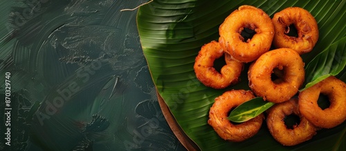 Kerala's traditional Parippu Vada, a savory fried snack, beautifully displayed on a banana leaf against a dark backdrop with copy space image for a South Indian tea-time treat. photo