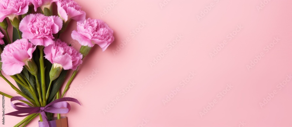 Top view of a bouquet of carnations and a gift box on a pink background for Mother's Day, weddings, and Valentine's Day, with space for adding your own image. with copy space image Top view of a bouquet of carnations and a gift box on a pink background for Mother's Day, weddings, and Valentine's Day, with space for adding your own image. with copy space image