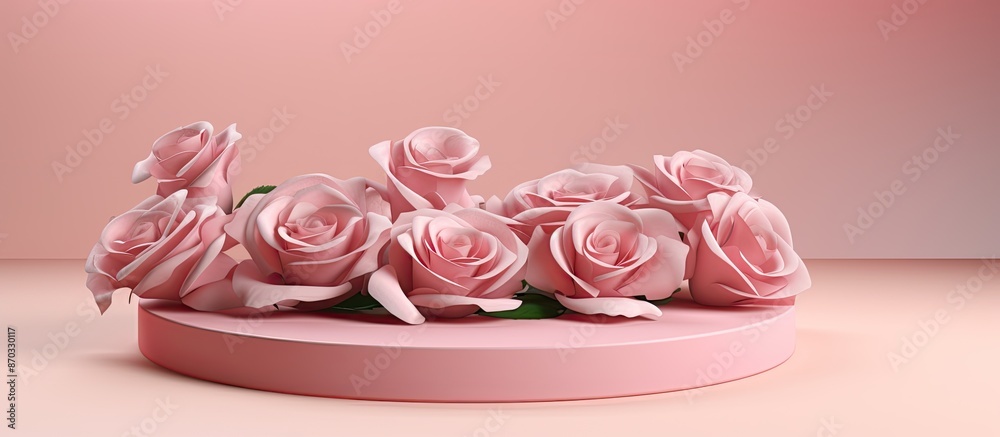 Podium featuring pink roses on a pink backdrop, ideal for showcasing products, gifts, or cosmetics with available copy space for design or advertising. Podium featuring pink roses on a pink backdrop, ideal for showcasing products, gifts, or cosmetics with available copy space for design or advertising.