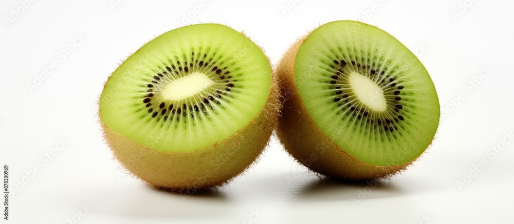 Fototapeta premium Two fresh green kiwis with a white backdrop, showing the fruit known as kiwifruit or Chinese gooseberry, along with available copy space image.