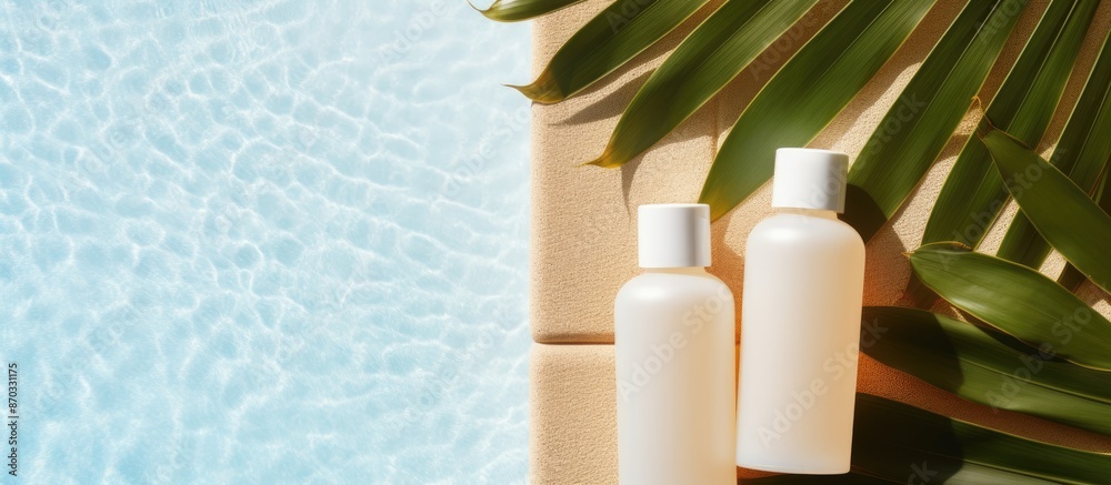 Top-down image of sunscreen bottles with palm leaves by a pool, ideal for summer ads and articles with copy space image. Top-down image of sunscreen bottles with palm leaves by a pool, ideal for summer ads and articles with copy space image.