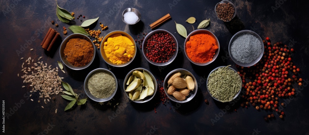 Top view horizontal image featuring a selection of spices displayed in glass bowls on a dark stone backdrop, with ample copy space. Top view horizontal image featuring a selection of spices displayed in glass bowls on a dark stone backdrop, with ample copy space.
