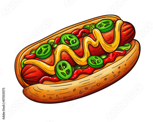 Colorful illustration of a hot dog with mustard, jalapenos, and relish. Perfect for food-related projects and marketing materials. photo