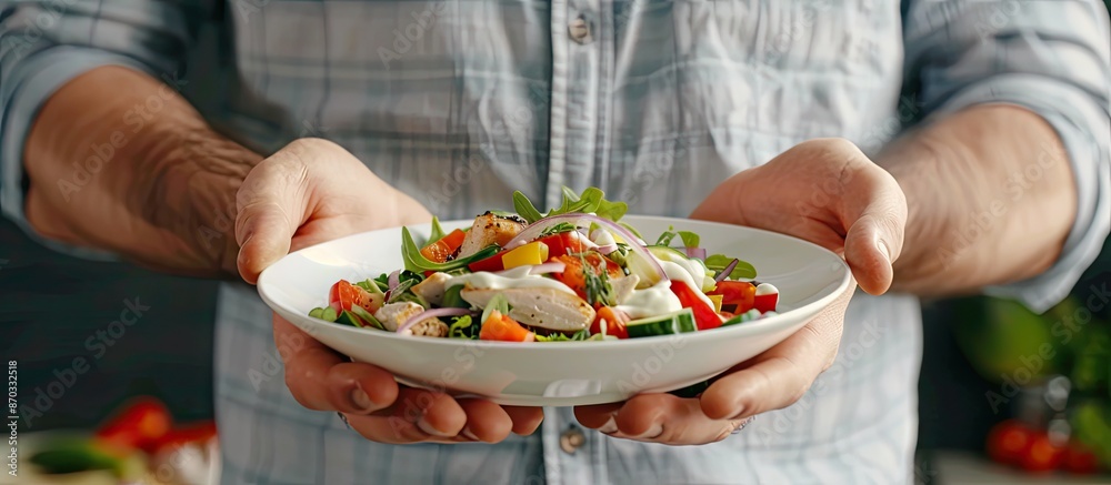 A man displaying a nutritious chicken salad with vegetables and yogurt dressing, highlighting the concept of healthy eating, against a backdrop with room for additional content or text. A man displaying a nutritious chicken salad with vegetables and yogurt dressing, highlighting the concept of healthy eating, against a backdrop with room for additional content or text.