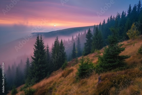Colorful sunrise on forested mountain slope with fog