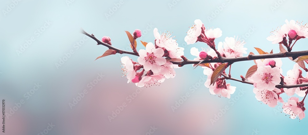 A branch adorned with pink blossoms against a blurry backdrop, providing a serene copy space image. A branch adorned with pink blossoms against a blurry backdrop, providing a serene copy space image.