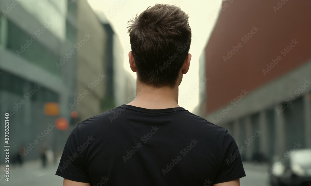 Man walking away in urban setting during daytime. View from the back