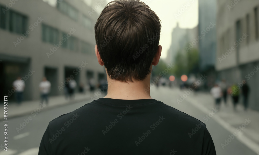 Man walking away from camera on city street in daytime. View from the back Man walking away from camera on city street in daytime. View from the back